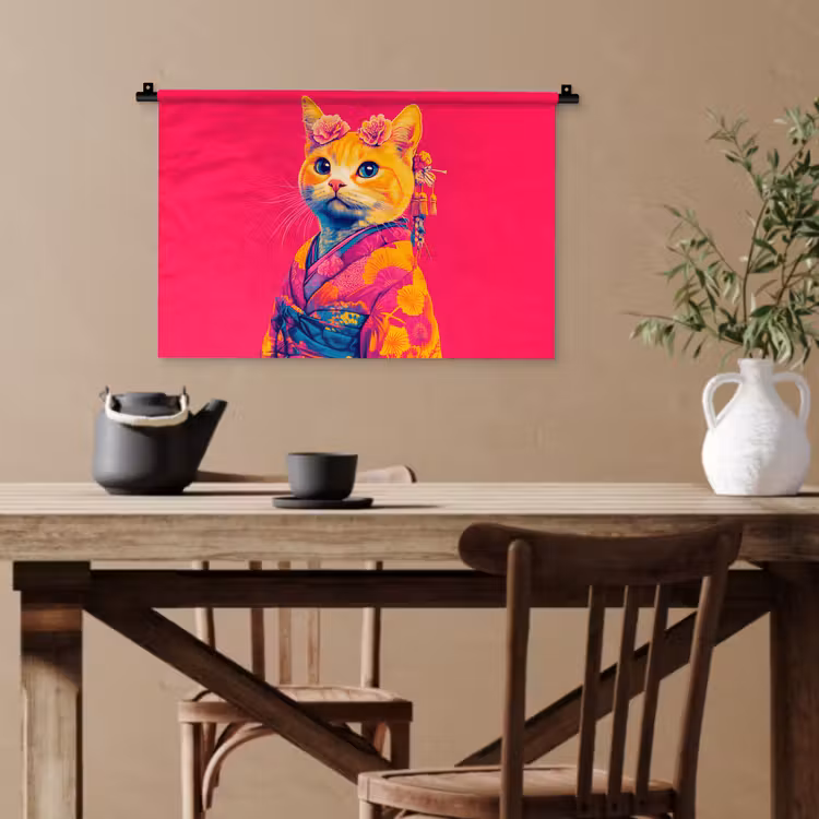 Kat - Kimono - Bloemen - Roze Wandkleed katoen klein -sfeer6