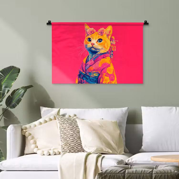 Kat - Kimono - Bloemen - Roze Wandkleed katoen klein -sfeer7