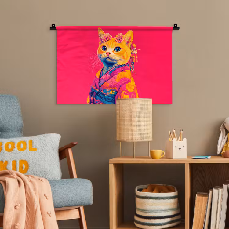 Kat - Kimono - Bloemen - Roze Wandkleed katoen klein -wsfeer4_kind