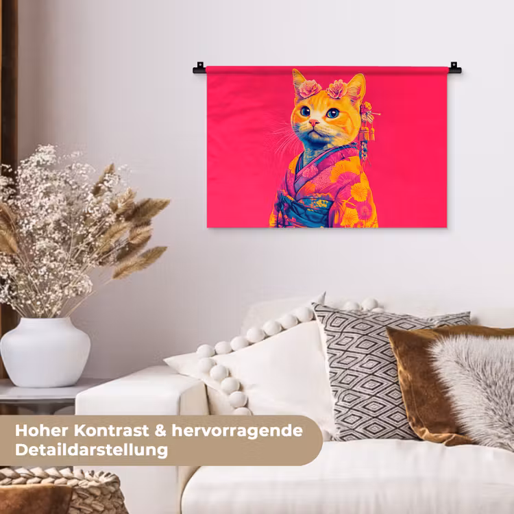 Kat - Kimono - Bloemen - Roze Wandkleed katoen klein -tsfeer1_DE