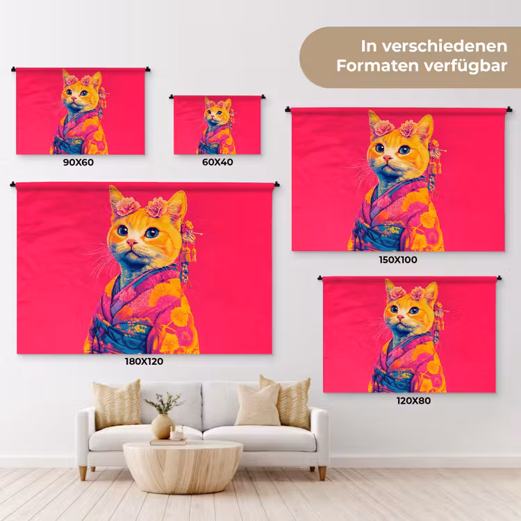 Kat - Kimono - Bloemen - Roze Wandkleed katoen klein -tsfeer8_DE
