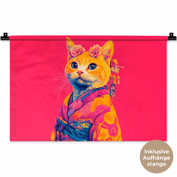 Kat - Kimono - Bloemen - Roze Wandkleed katoen klein -t3d_DE