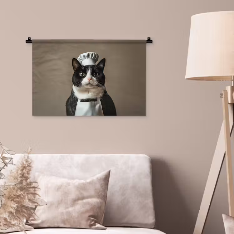 Kat - Kokskleding - Zwart - Wit Wandkleed katoen klein -sfeer4