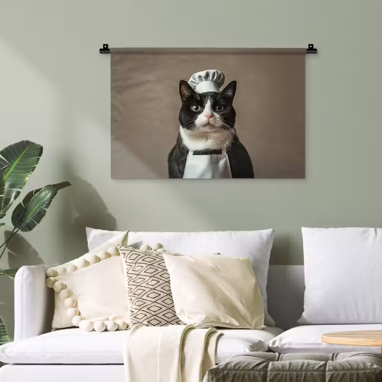 Kat - Kokskleding - Zwart - Wit Wandkleed katoen klein -sfeer7