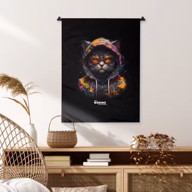 Kat met kleurrijk vest en oranje bril Wandkleed katoen klein -sfeer5