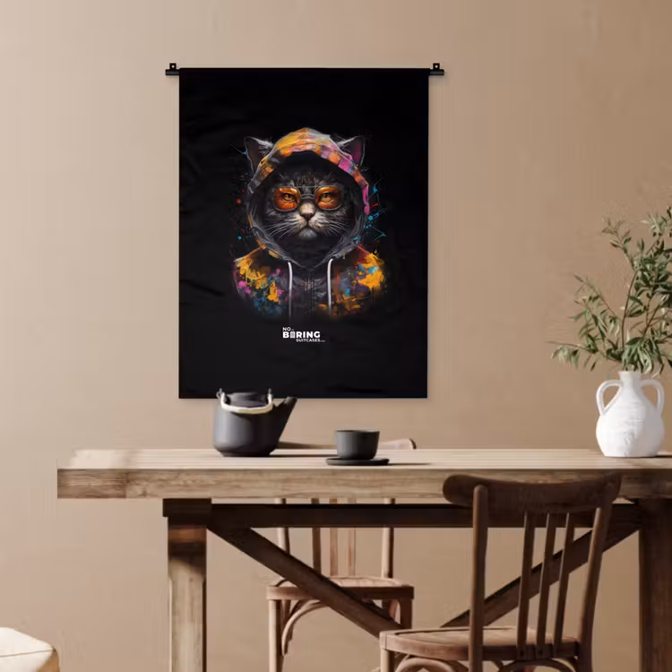 Kat met kleurrijk vest en oranje bril Wandkleed katoen klein -sfeer6
