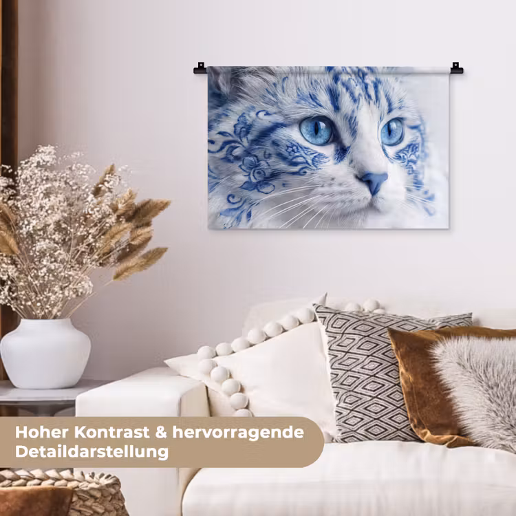 Kat - Patroon - Blauw Wandkleed katoen klein -tsfeer1_DE