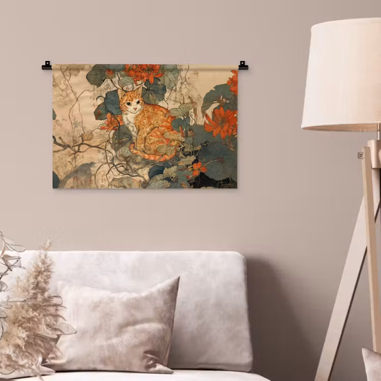 Kat - Sierlijk - Bloemen Wandkleed katoen klein -sfeer4