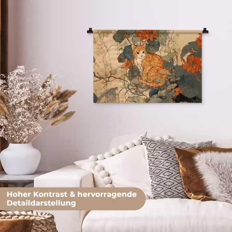 Kat - Sierlijk - Bloemen Wandkleed katoen klein -tsfeer1_DE