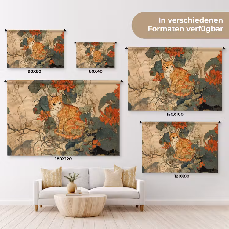 Kat - Sierlijk - Bloemen Wandkleed katoen klein -tsfeer8_DE
