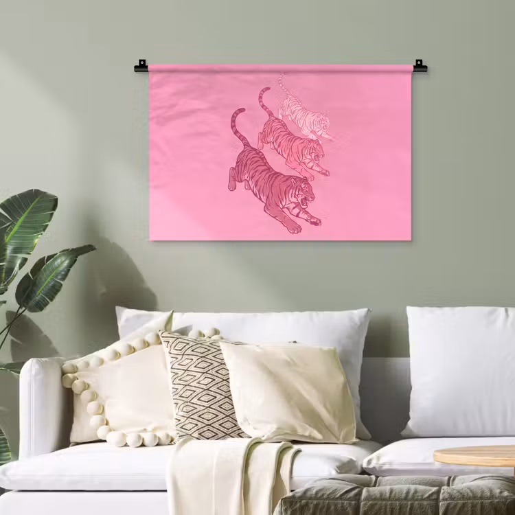 Kat - Springend - Dieren - Roze - Modern Wandkleed katoen klein -sfeer7