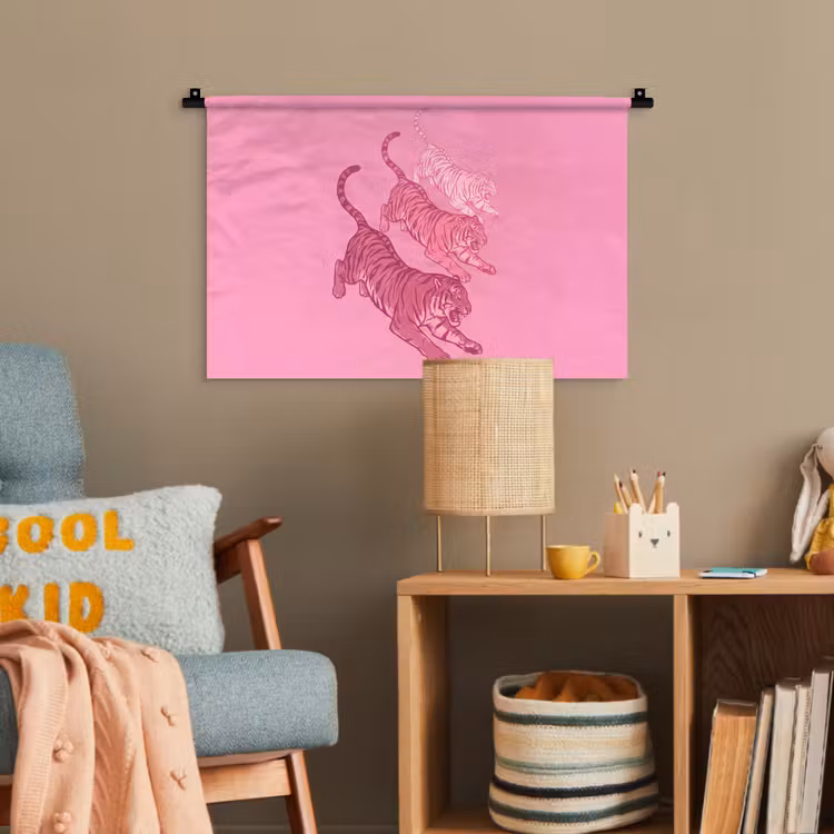 Kat - Springend - Dieren - Roze - Modern Wandkleed katoen klein -wsfeer4_kind