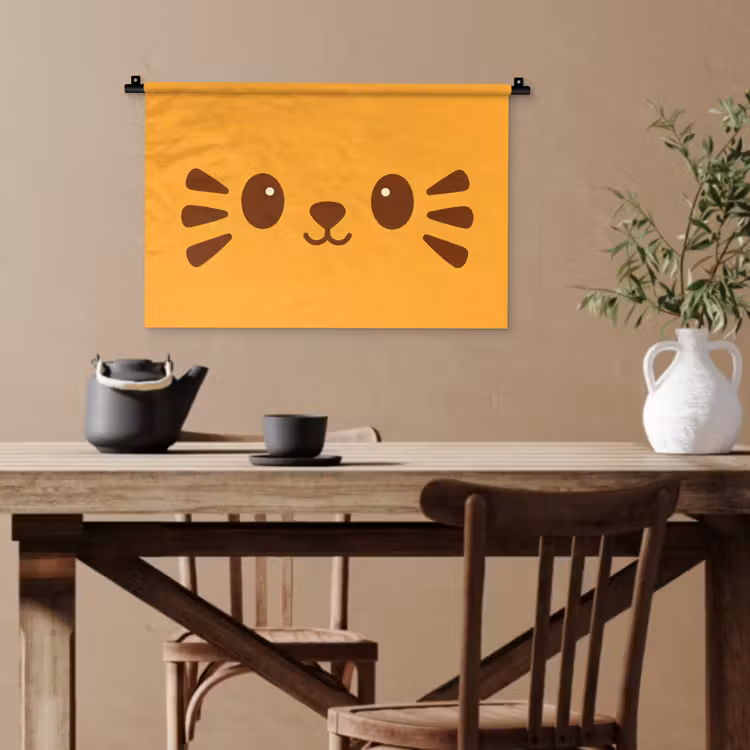 Kat - Simplistisch - Oranje - Vrolijk Wandkleed katoen klein -sfeer6