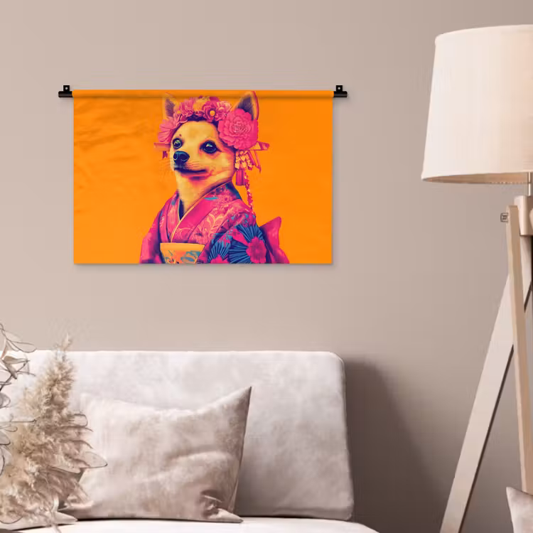 Kimono - Hondje - Bloemenkroon - Oranje Wandkleed katoen klein -sfeer4