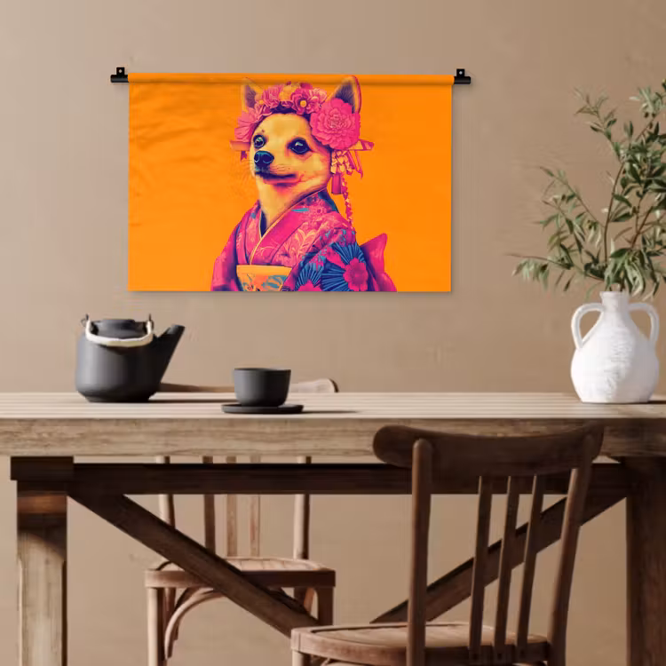 Kimono - Hondje - Bloemenkroon - Oranje Wandkleed katoen klein -sfeer6