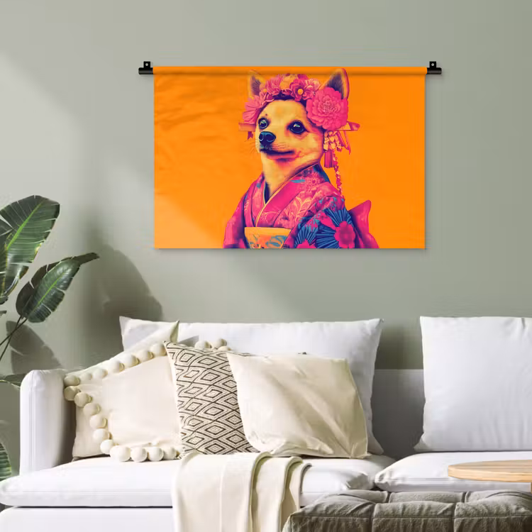 Kimono - Hondje - Bloemenkroon - Oranje Wandkleed katoen klein -sfeer7