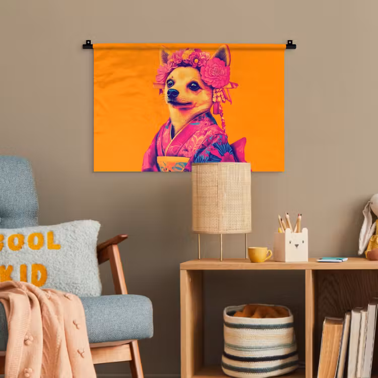 Kimono - Hondje - Bloemenkroon - Oranje Wandkleed katoen klein -wsfeer4_kind