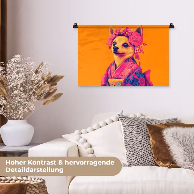 Kimono - Hondje - Bloemenkroon - Oranje Wandkleed katoen klein -tsfeer1_DE