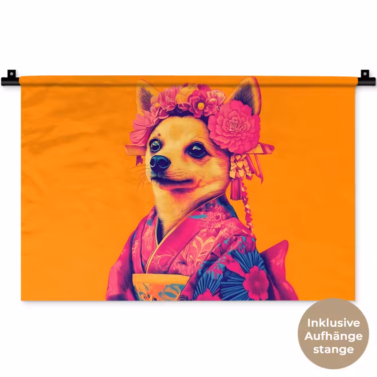 Kimono - Hondje - Bloemenkroon - Oranje Wandkleed katoen klein -t3d_DE