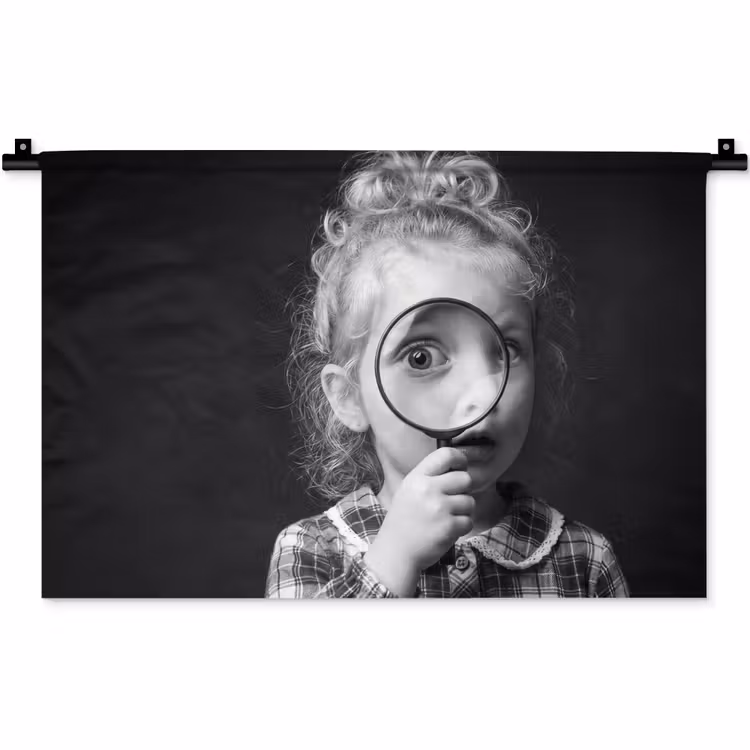 Kind - Vergrootglas - Portret - Zwart-wit Wandkleed katoen klein -zz3d