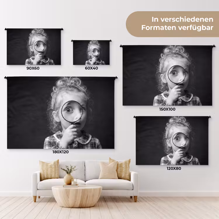 Kind - Vergrootglas - Portret - Zwart-wit Wandkleed katoen klein -tsfeer8_DE