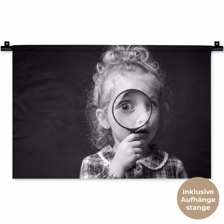Kind - Vergrootglas - Portret - Zwart-wit Wandkleed katoen klein -t3d_DE