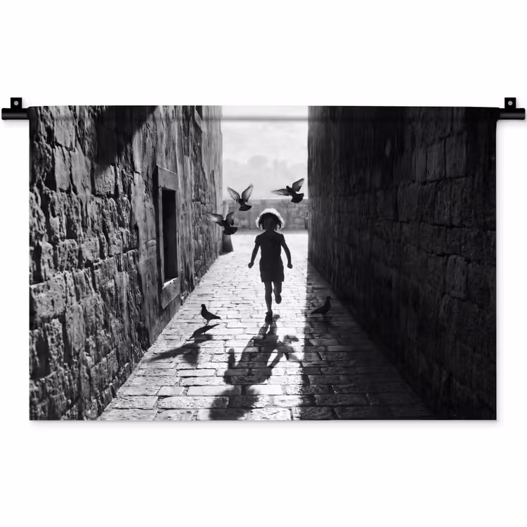 Kind - Vogel - Straat - Zwart-wit - Spelen Wandkleed katoen klein -zz3d