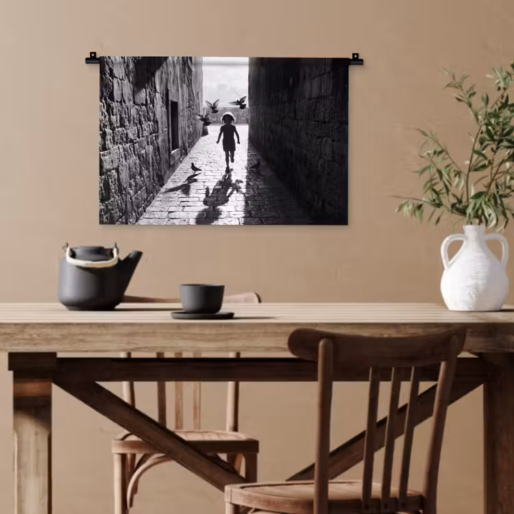 Kind - Vogel - Straat - Zwart-wit - Spelen Wandkleed katoen klein -sfeer6