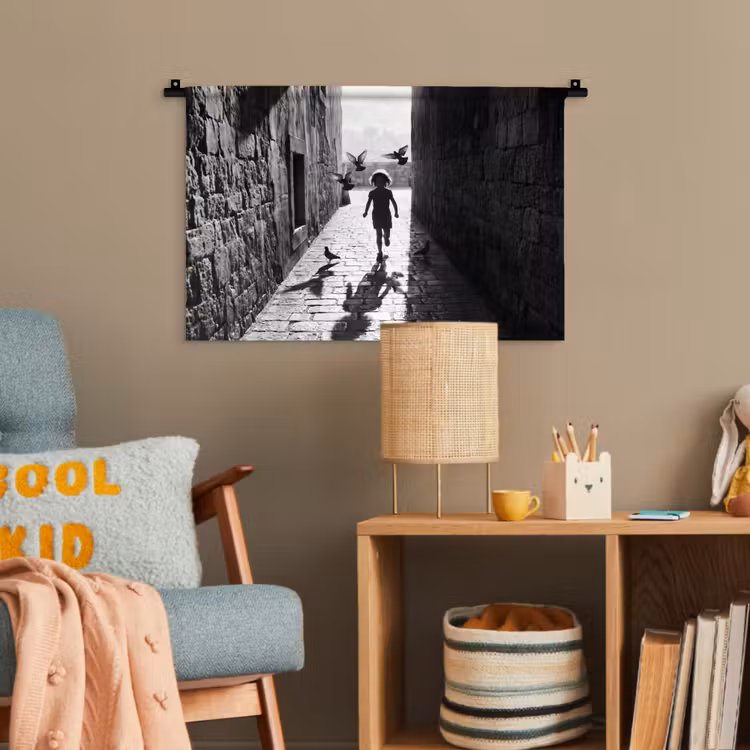 Kind - Vogel - Straat - Zwart-wit - Spelen Wandkleed katoen klein -wsfeer4_kind