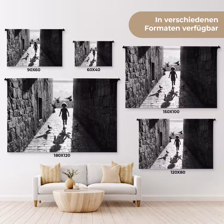 Kind - Vogel - Straat - Zwart-wit - Spelen Wandkleed katoen klein -tsfeer8_DE