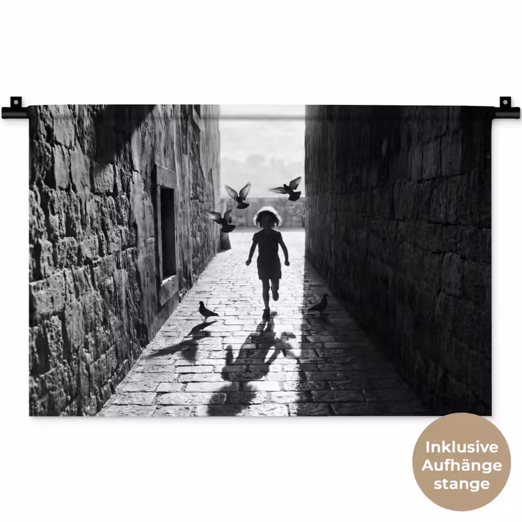 Kind - Vogel - Straat - Zwart-wit - Spelen Wandkleed katoen klein -t3d_DE