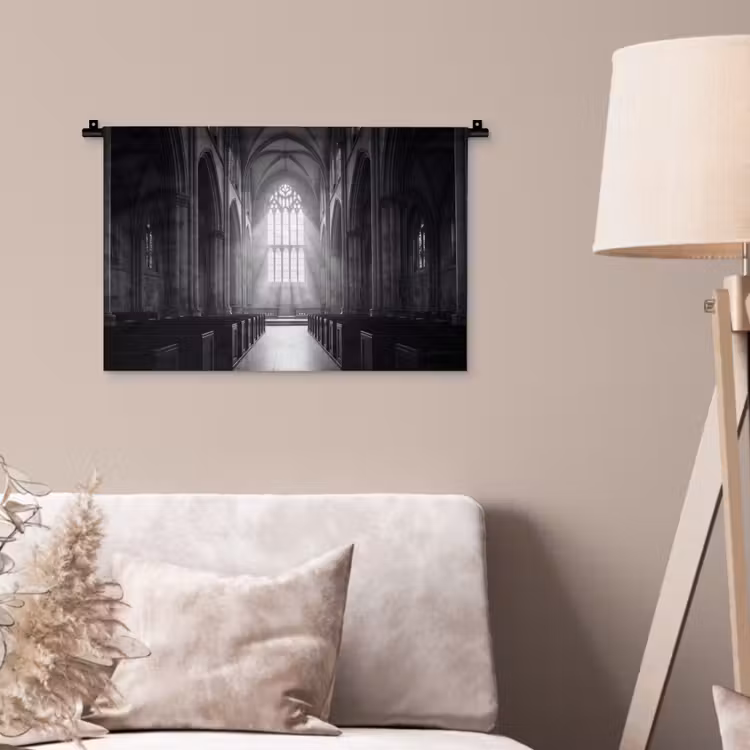 Kerk - Interieur - Lichtstralen - Architectuur - Klassiek Wandkleed katoen klein -sfeer4
