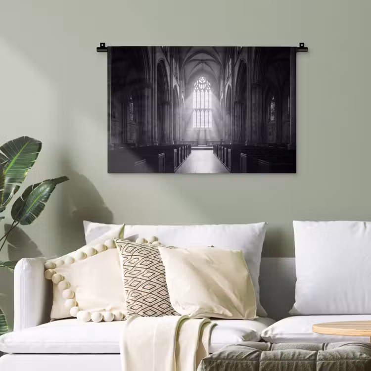 Kerk - Interieur - Lichtstralen - Architectuur - Klassiek Wandkleed katoen klein -sfeer7