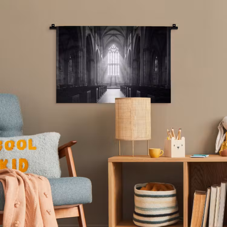 Kerk - Interieur - Lichtstralen - Architectuur - Klassiek Wandkleed katoen klein -wsfeer4_kind