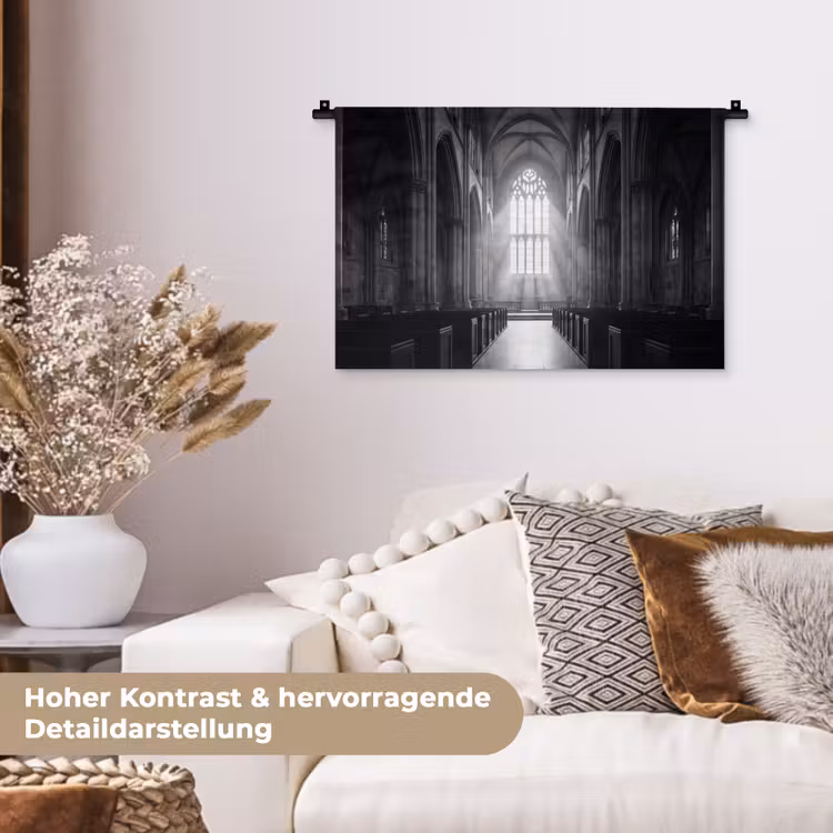 Kerk - Interieur - Lichtstralen - Architectuur - Klassiek Wandkleed katoen klein -tsfeer1_DE