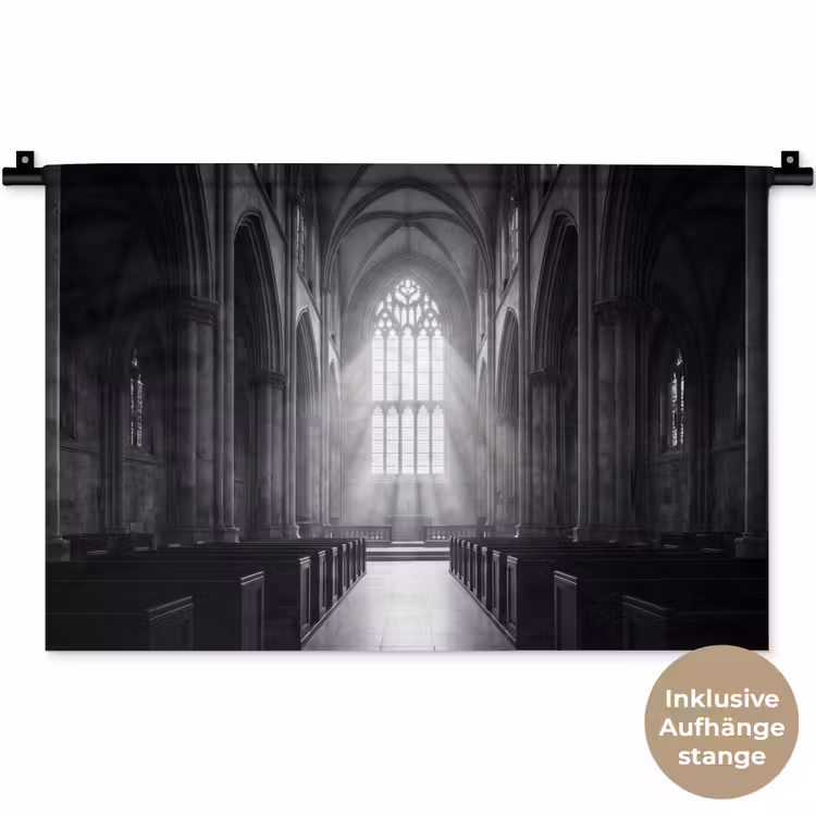 Kerk - Interieur - Lichtstralen - Architectuur - Klassiek Wandkleed katoen klein -t3d_DE