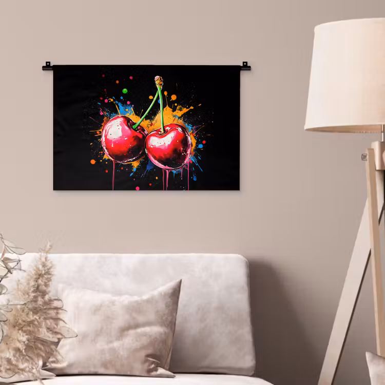 Kersen - Fruit - Graffiti - Verf - Abstract - Modern - Kleurrijk Wandkleed katoen klein -sfeer4