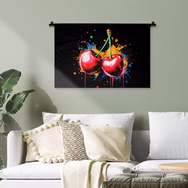Kersen - Fruit - Graffiti - Verf - Abstract - Modern - Kleurrijk Wandkleed katoen klein -sfeer7