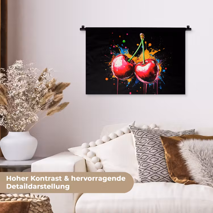 Kersen - Fruit - Graffiti - Verf - Abstract - Modern - Kleurrijk Wandkleed katoen klein -tsfeer1_DE