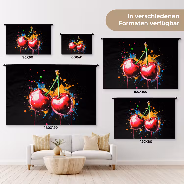 Kersen - Fruit - Graffiti - Verf - Abstract - Modern - Kleurrijk Wandkleed katoen klein -tsfeer8_DE