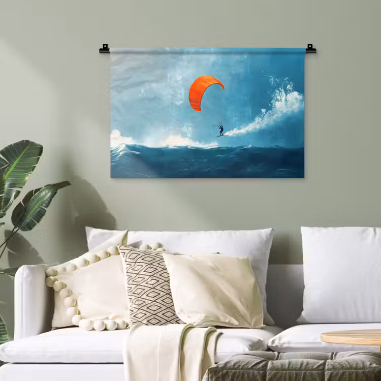 Kitesurfer - Oranje - Zee - Lucht Wandkleed katoen klein -sfeer7