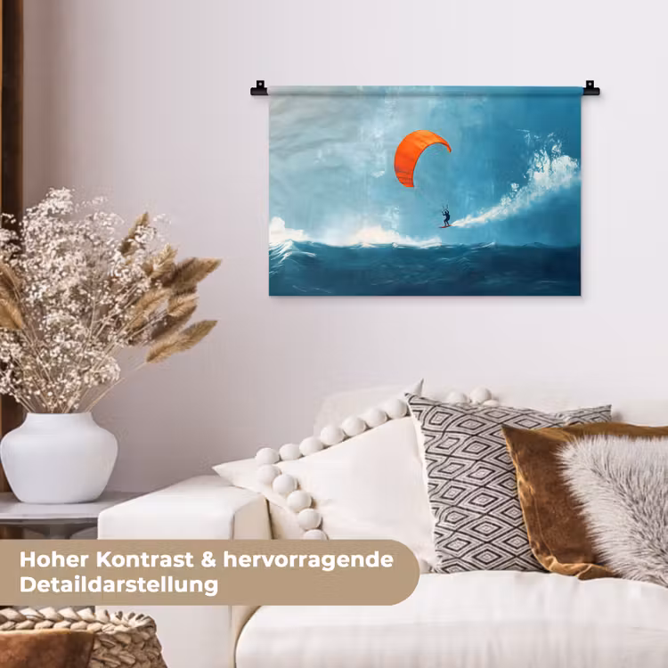 Kitesurfer - Oranje - Zee - Lucht Wandkleed katoen klein -tsfeer1_DE