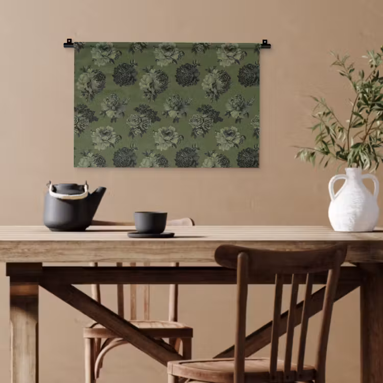 Klassiek - botanisch - olijfgroen - bloemen Wandkleed katoen klein 269 -sfeer6