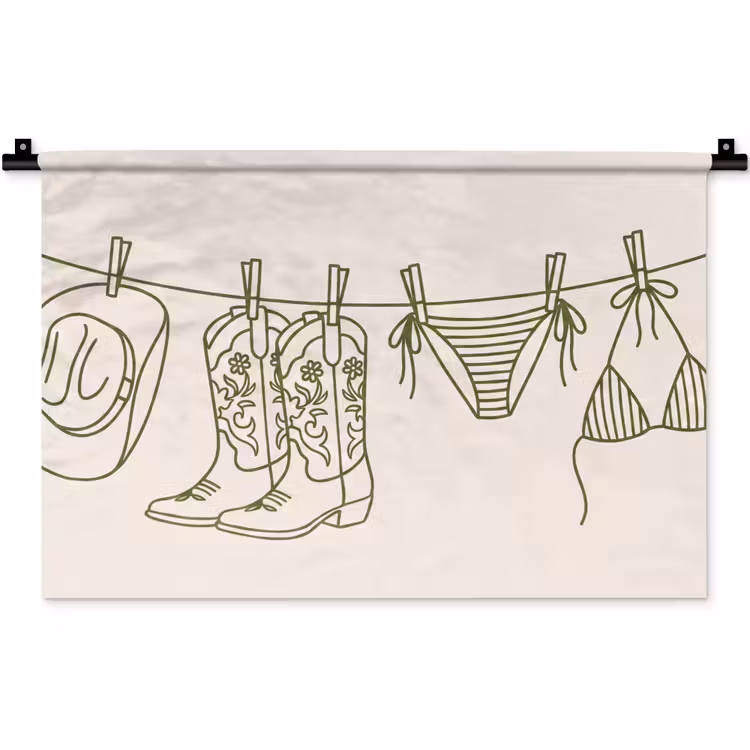 Kleding - Waslijn - Zomer - Lijntekening - Groen Wandkleed katoen klein -zz3d