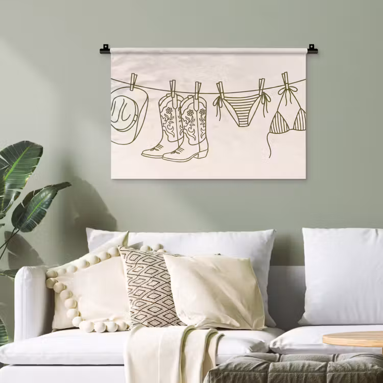 Kleding - Waslijn - Zomer - Lijntekening - Groen Wandkleed katoen klein -sfeer7
