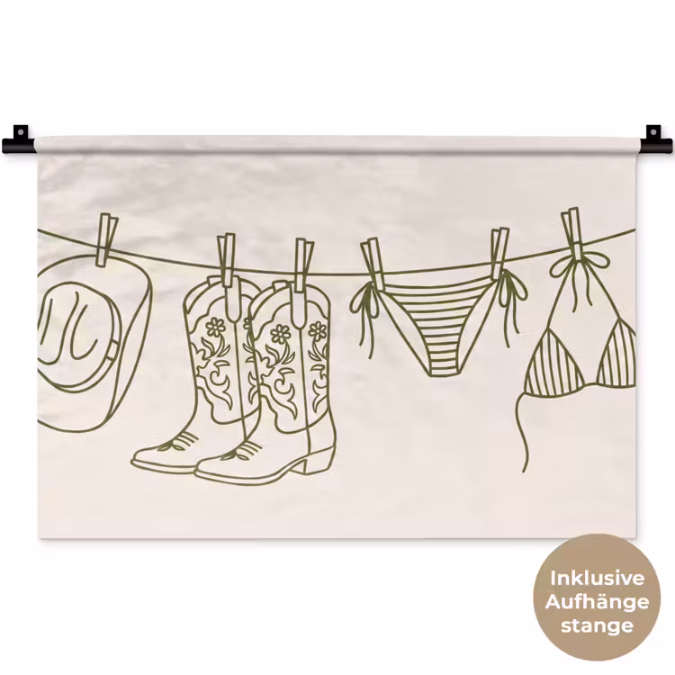 Kleding - Waslijn - Zomer - Lijntekening - Groen Wandkleed katoen klein -t3d_DE