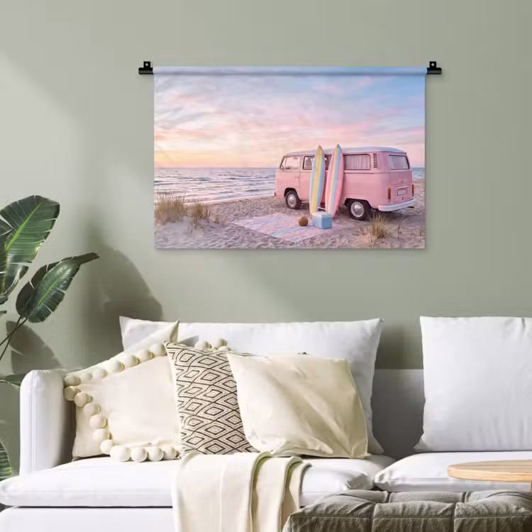 Busje - Strand - Surfplank - Zomer - Roze Wandkleed katoen klein -sfeer7