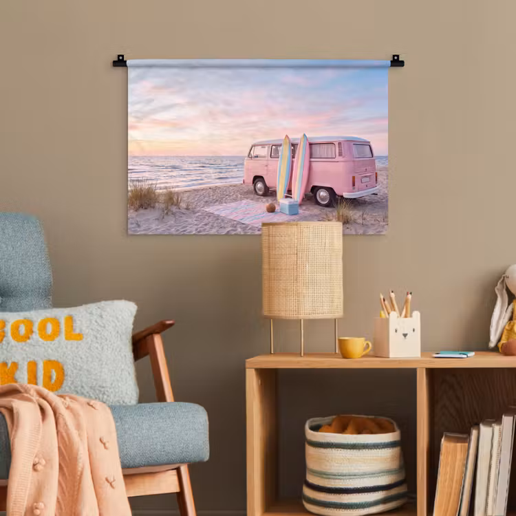 Busje - Strand - Surfplank - Zomer - Roze Wandkleed katoen klein -wsfeer4_kind