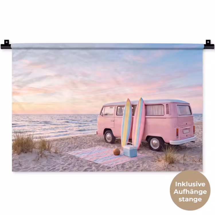 Busje - Strand - Surfplank - Zomer - Roze Wandkleed katoen klein -t3d_DE