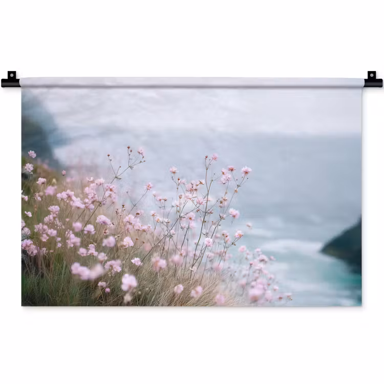 Klif - Bloemen - Zee - Roze Wandkleed katoen klein -zz3d